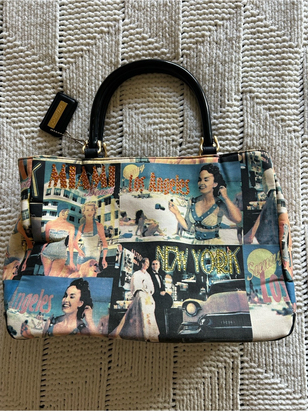 Vintage St. John's Bay Multicolor Retro Collage Tote with Black Handles